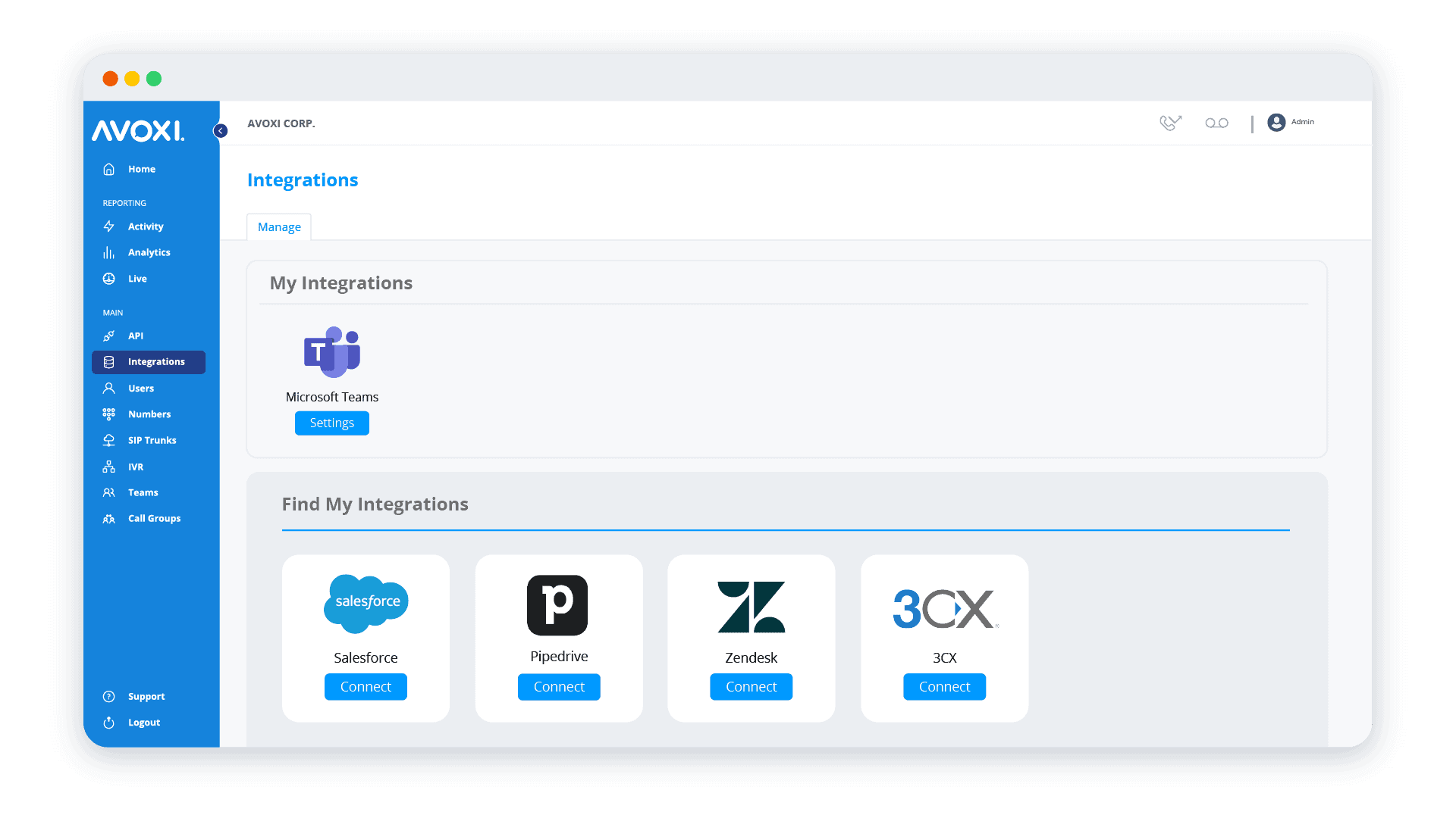 AVOXI Integrations Dashboard