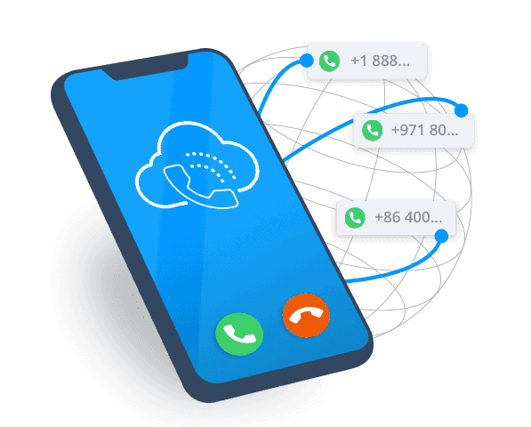 picture of smartphone with an incoming call. behind is an illustration of a globe with various toll free numbers overlayed.
