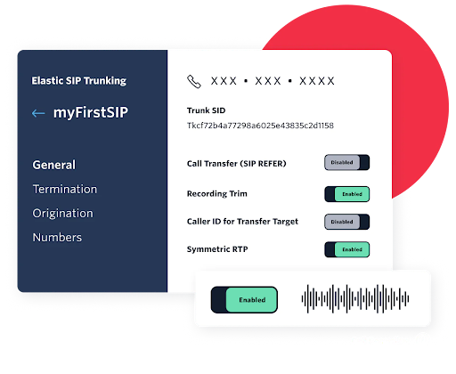 Twilio’s elastic SIP trunking interface, which displays trunk settings, call transfer, and recording trim options (Source: Twilio’s SIP page)