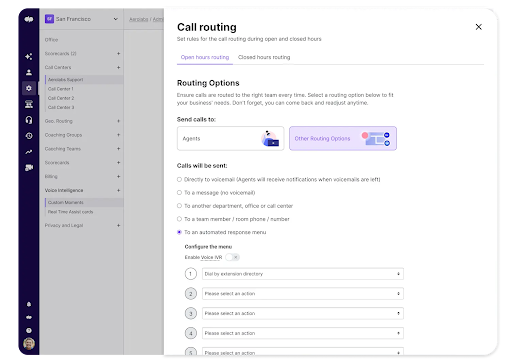 Dialpad’s call routing interface, which shows customizable routing options, an automated response menu, and voice configuration (Source: Dialpad SIP guide)