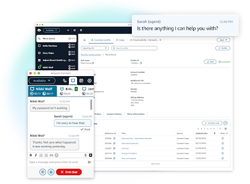 Amazon Connect’s agent interface shows live chat, a customer profile, case history, and real-time support agent interaction (Source: Amazon Connect AWS)