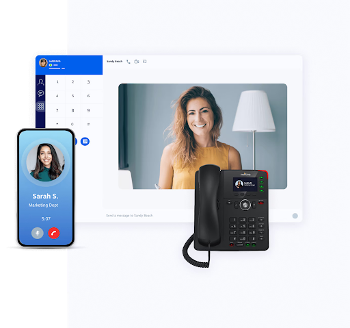 Nextiva business phone system showing mobile call screen, desktop video call, and a desk phone (Source: Nextiva small business VoIP page)
