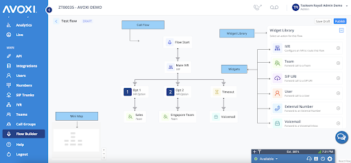 AVOXIFlowBuilder AVOXI’s Flow Builder interface shows a call routing diagram with IVR options, teams, and a widget library.