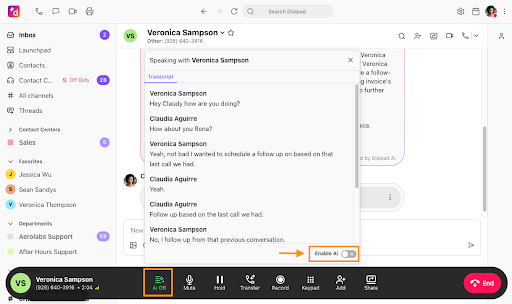 Dialpad interface showing a live call transcription with an Enable AI toggle option (Source: Dialpad documentation)