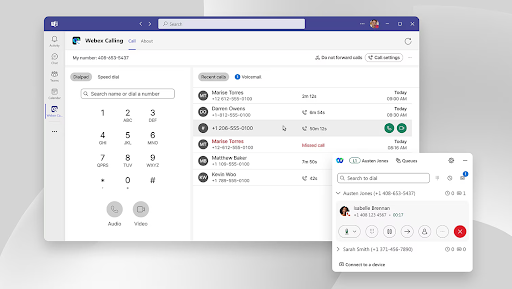 Cisco Webex Calling’s interface shows recent calls and a dial pad within Microsoft Teams (Source: Webex’s enterprise cloud calling page)