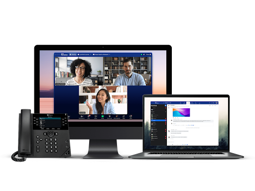 Zoom Phone video meeting and team chat displayed on a desktop, laptop, and desk phone (Source: Zoom Phone’s VoIP page)