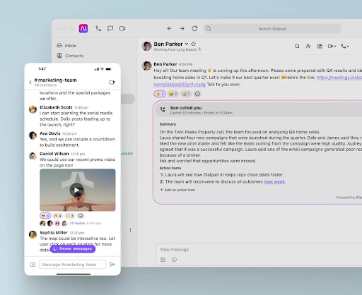 Dialpad’s interface showing its team messaging and AI-powered features (Source: DialPad’s platform)