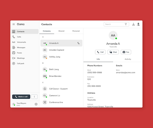Ooma Office’s dashboard showing a detailed contact information panel (Source: Ooma’s desktop app page)