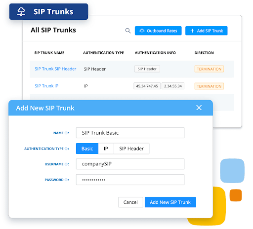 AVOXI SIP trunks dashboard shows an interface for adding a new SIP trunk with configuration options for TLS and SRTP