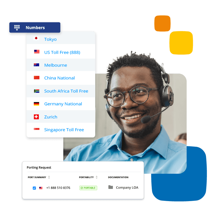 AVOXI software showing global phone inventory and a portable U.S. toll-free number request with a service agent