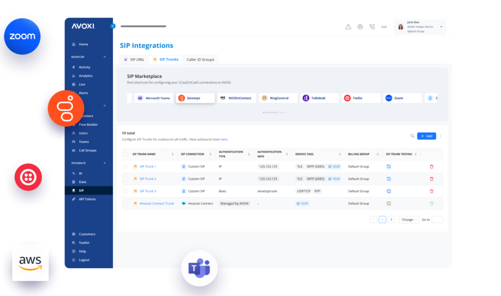 The “SIP Integrations” view within AVOXI’s SIP dashboard, listing possible integrations and current SIP trunks