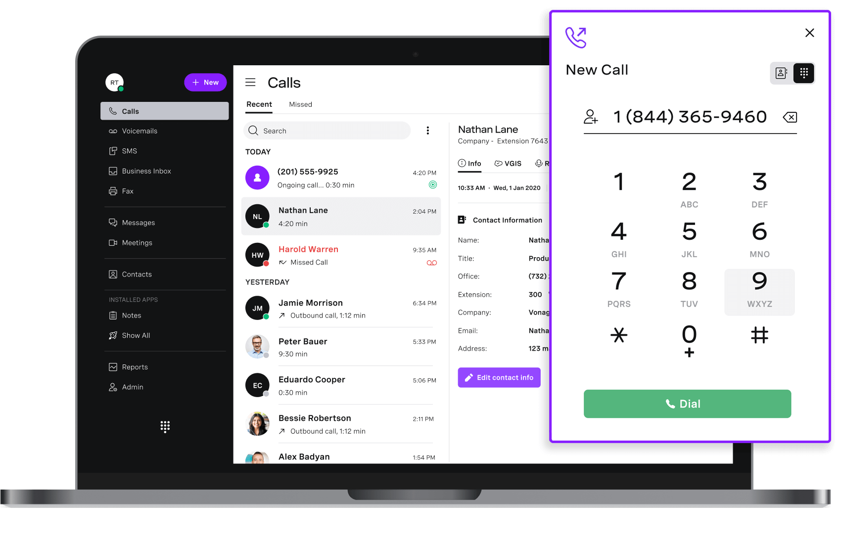 Vonage business calling dashboard with new call screen