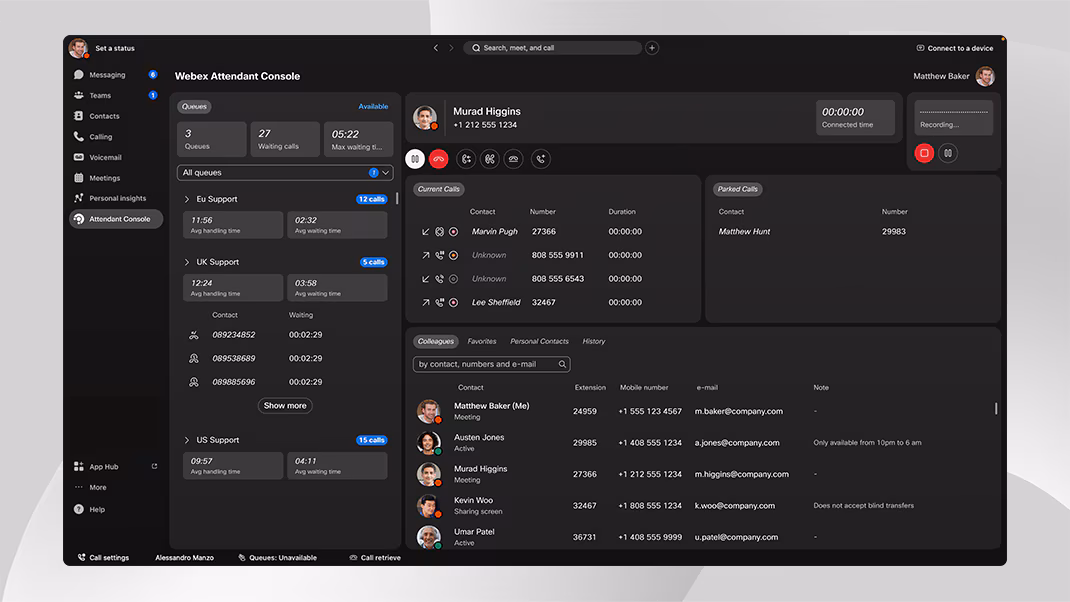 Webex cloud PBX dashboard with queues and call controls