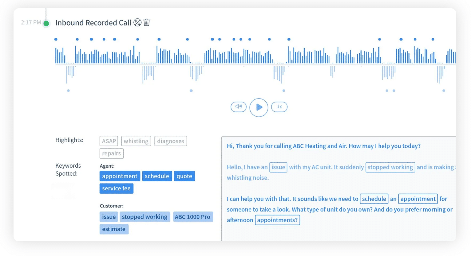 CallRail recording an inbound call with Conversation Intelligence features