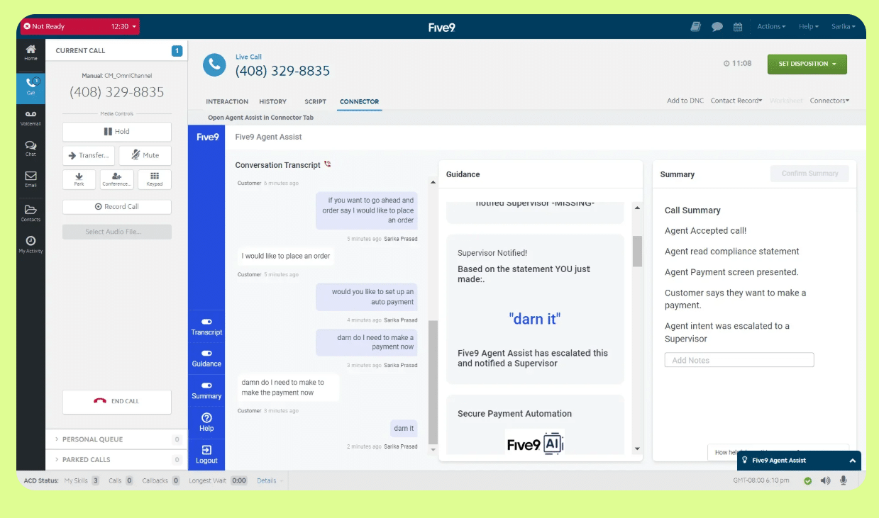 Agent Empowerment features displaying customer interaction summary, including real-time guidance and escalation