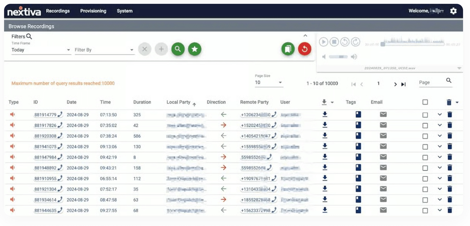 Nextiva cloud-based call recordings interface