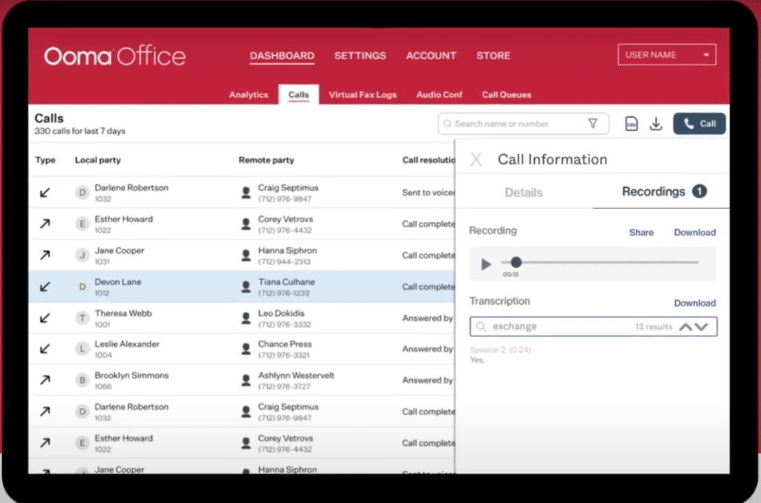Ooma Office Pro Plus dashboard showing call history and recordings