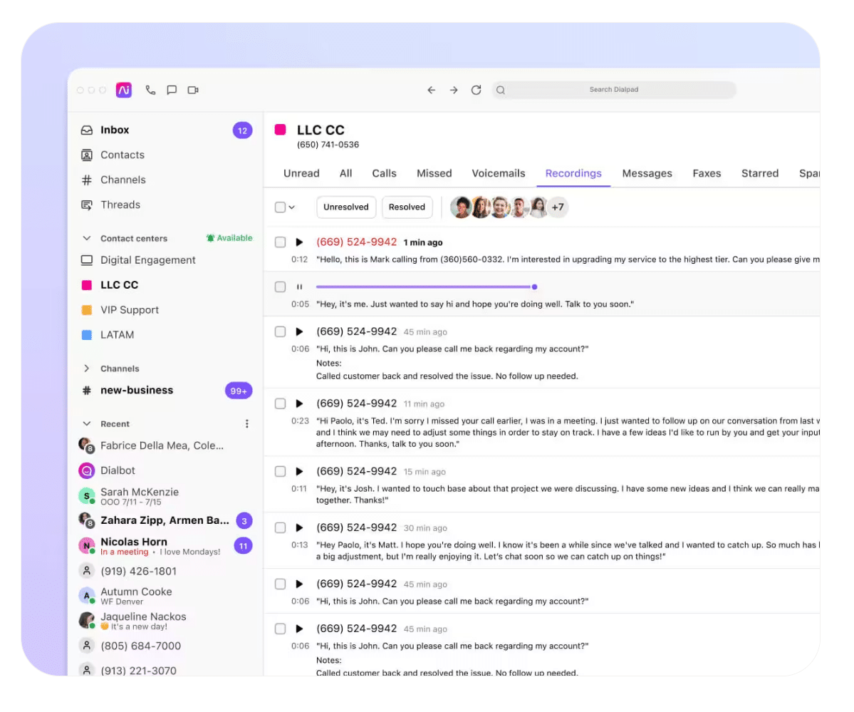 Call recording tab in Dialpad Call Center platform