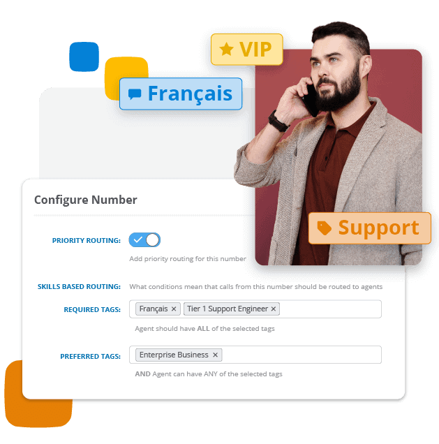 A preview of AVOXI’s skills-based number routing options, including priority routing, agent language and tier requirements, and optional requirements