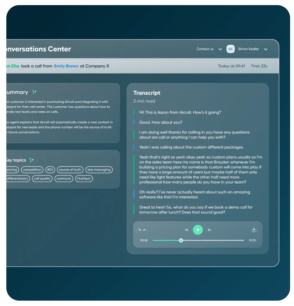 Call recording in the AirCall Conversation Center with AI-supported transcript and summary