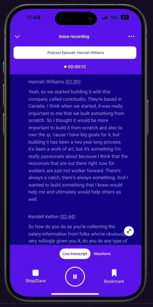 Rev mobile app live recording and transcribing a conversation via AI