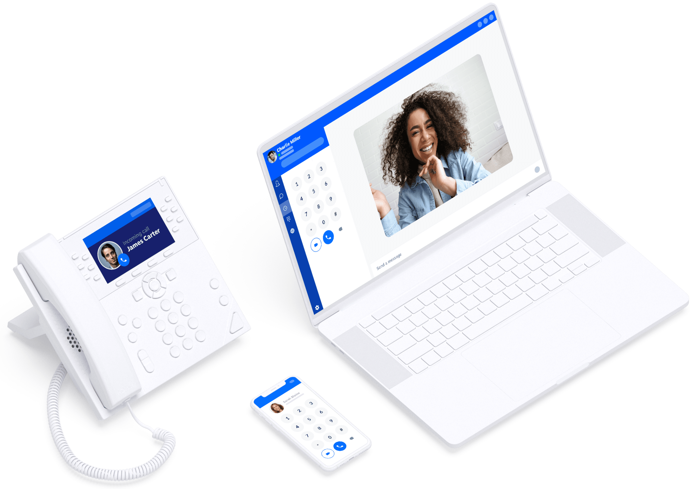 A slanted look of Nextiva’s virtual phone system across phone systems, mobile devices, and laptops