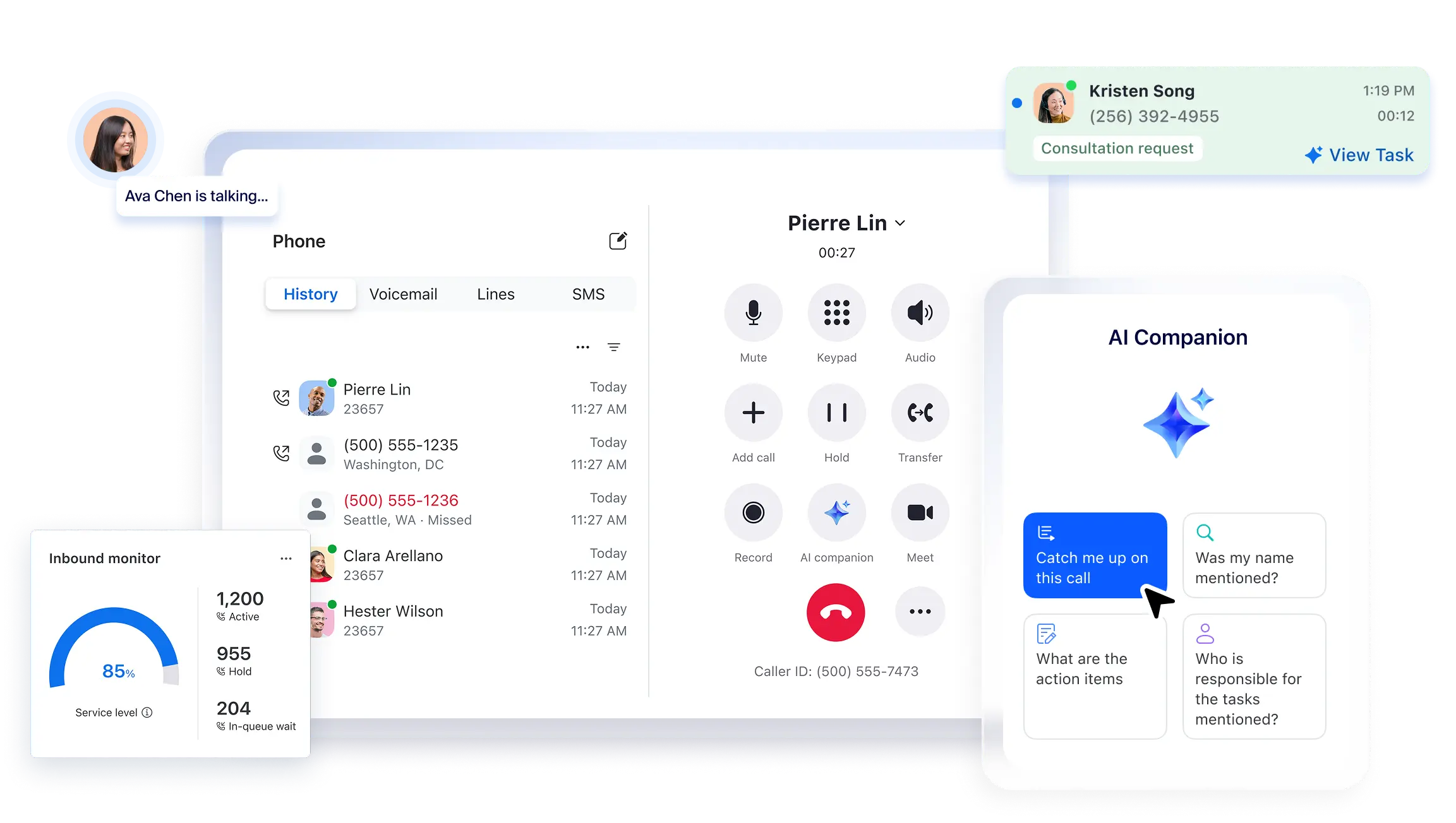 A view of how Zoom Phone’s virtual phone system looks during a call, with examples of the inbound monitor and AI companion features